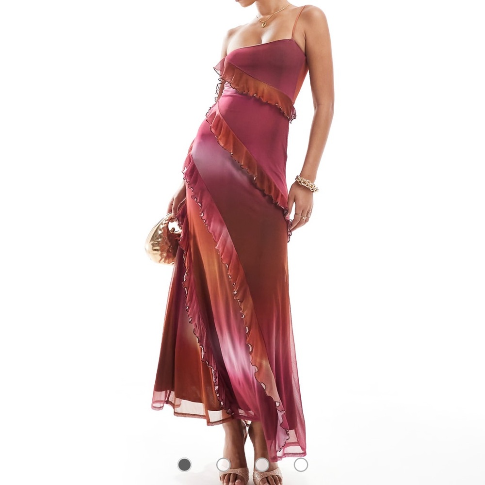 ASOS DESIGN mesh off the shoulder ruffle detail maxi dress in pink ombre print